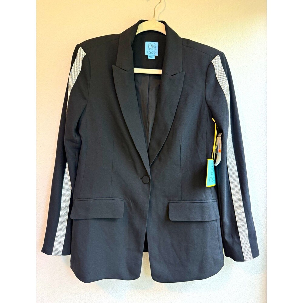 CeCe Women’s S Black Rhinestone Stripe One-Button Lined Blazer Dry Clean